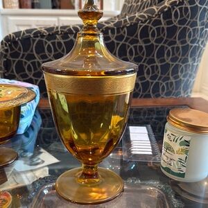 Amber vase with lid and gold trim